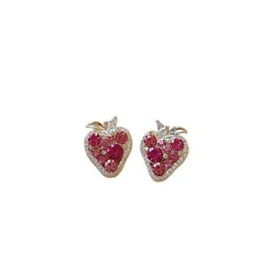 Elegant pink zircon strawberry stud earrings with S925 silver needles for women