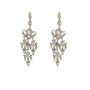 Elegant vintage heart-shaped dangling earrings with rhinestone tassels and pink gemstone