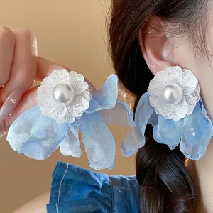 Elegant chiffon flower and pearl stud earrings with flowing blue fabric petals for women