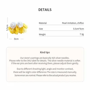 Detailed view of chiffon flower earrings with pearl accent and size specifications