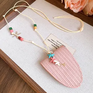 Detailed view of the pink leather starfish eyeglass holder necklace with colorful beads