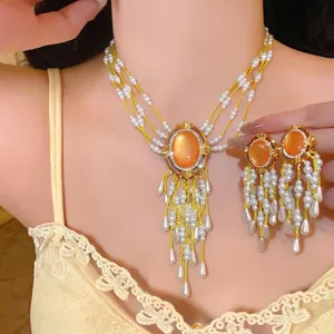 Vintage Oval Künstliche Perle Quaste Schmuck Set Strass Eingelegt Gold Silber Kette Ohrringe Für Damen Retro Geschenk