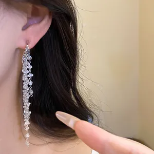 Boucles d'oreilles pendantes à pampilles argentées avec strass brillants portées par un modèle