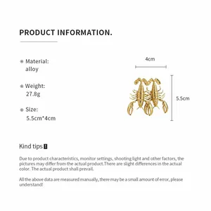 Detail view of vintage gold scorpion earrings with material, weight, and size information