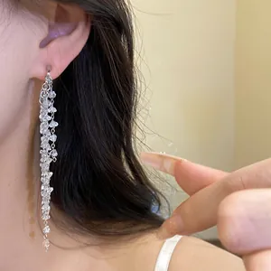 Gros plan de longues boucles d'oreilles pendantes à glands argentés et cristaux étincelants