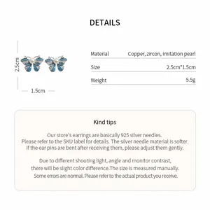 Detail view of blue butterfly earrings with zircon, pearls and 925 silver posts