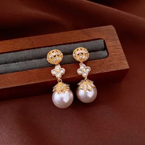 French Vintage 18K Gold Plated Silver Earring Post Lucky Flower Artificial Pearl Zirconia Drop Earrings For Women Jewelry