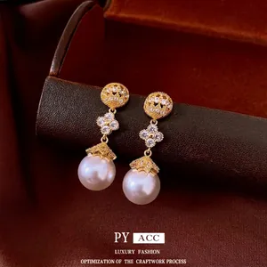 18K gold-plated vintage flower pearl drop earrings featuring elegant zirconia floral accents