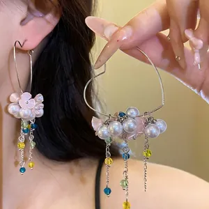 Sweet Heart Shape Drop Earrings With Artificial Pearl Flower Tassel Silver Earring Post Multicolor Glass Bead Jewelry