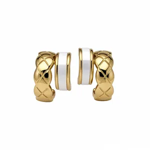 Elegant 18k gold plated C-shaped hoop earrings with quilted pattern and white inlay