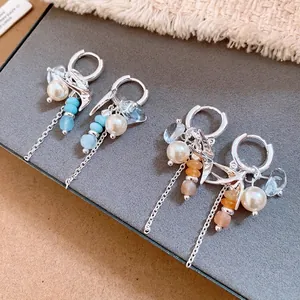 Elegantes pendientes de aro con borlas plateadas, colgantes de golondrina y perlas