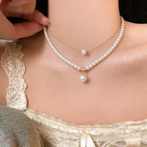 Double-layered 14k gold plated pearl necklace with French luxury style