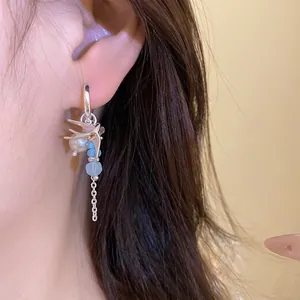 Pendiente de golondrina de plata con perla y borla de cristal azul para mujeres