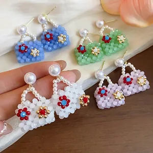 Handmade Beaded Mini Bag Stud Earrings With Artificial Pearl Flower Decoration 925 Sterling Silver Earring Post For Women