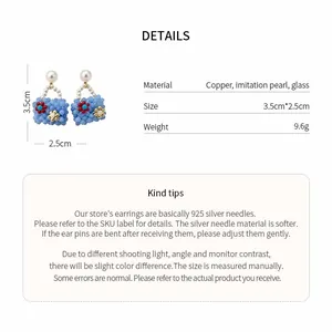 Detailed specification view of light blue beaded bag earrings with pearl studs and dimensions
