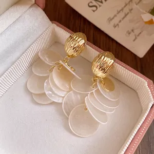 Elegant 14k gold plated shell round tassel earrings with a luxury high-end fashion feel