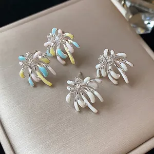 Elegant silver needle zircon enamel firework stud earrings available in colorful and white