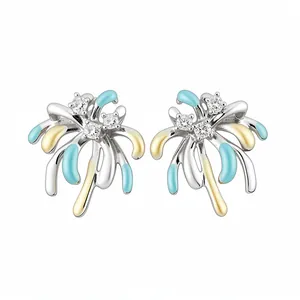 Elegant silver fireworks stud earrings with clear zircons and light blue enamel drips