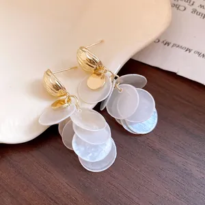 Detailed close-up of 14k gold plated earrings with cascading white shell round tassels