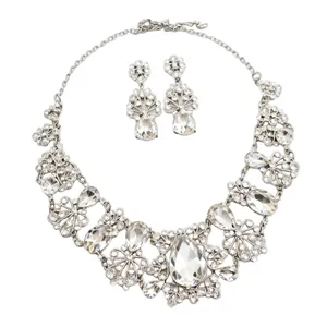 Elegant silver floral jewelry set featuring water-drop crystal necklace and earrings