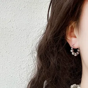 Minimalist silver metallic beaded hoop earrings for women with high-end polished finish