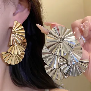 Vintage Minimalist Pleated Fan Tiered Dangle Earrings With Silver Earring Post Gold Silver Metal Statement Earrings For Women Fashion Jewelry