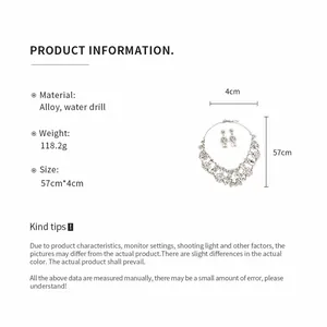 Detailed product specifications for rhinestone flower necklace and earring jewelry set.