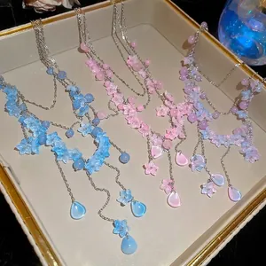 Mehrlagige Perlenkette Glas Blumen Anhänger Süßer Feenstil Choker Schlüsselbeinkette Für Damen Ästhetischer Eleganter Schmuck