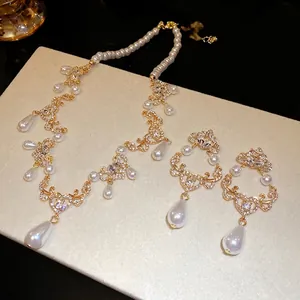 Vintage Water Drop Necklace Earring Set Artificial Pearl Rhinestone Gold Plated Jewelry For Women Wedding Banquet Gift