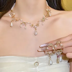 Vintage pearl necklace and earring set with rhinestone teardrop pendants for women