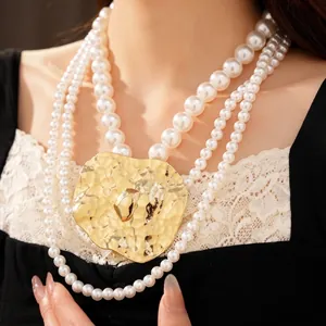 Exaggerated Multi-Layer Artificial Pearl Necklace Gold Wrinkled Metal Pendant Luxurious Alloy Long Sweater Chain Women Fashion Jewelry