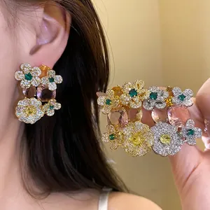 Boucles d'Oreilles Clous Ovales Vintage à Fleurs en Zirconia Avec Tige en Argent Cuivre Pierres Précieuses Colorées Bijoux de Luxe Femme Fête