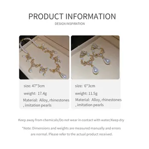 Detail of rhinestone pearl necklace and water drop earring set with dimensions