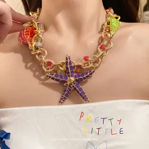 Vintage Royal Style Alloy Acrylic Beaded Necklace Golden Multicolor Sea Snail Starfish Pendant Clavicle Chain Jewelry For Women