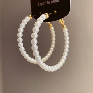 Elegant French retro pearl beaded hoop earrings with gold metal accents for women