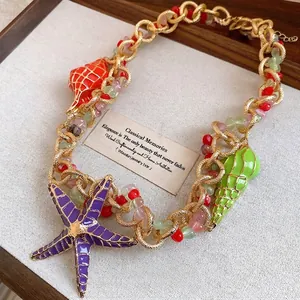 Retro court style acrylic beaded necklace with colorful enamel shell and starfish pendants