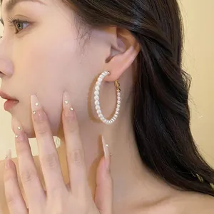 French vintage pearl hoop earrings with elegant circular beaded design for women