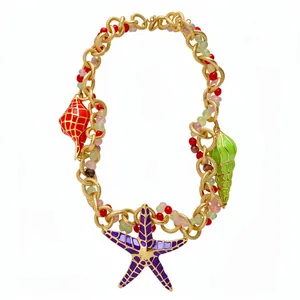Vintage gold chain necklace with colorful acrylic beads and enamel starfish shell pendants