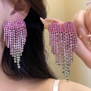 Vintage Copper Rhinestone Heart Tassel Earrings For Women Pink Green Gradient Drop Earrings With Silver Earring Post Jewelry