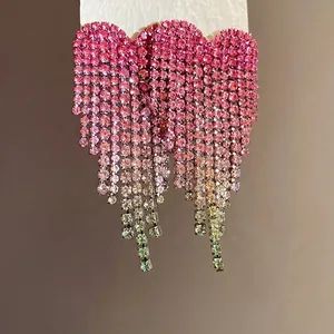 Pink gradient heart-shaped rhinestone tassel earrings with silver needle posts