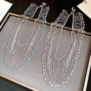 Elegant crystal beaded tassel fringed lace necklaces shown in blue and clear designs
