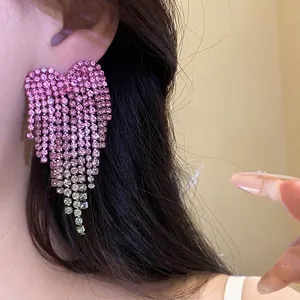 Exquisite pink ombre heart rhinestone tassel earrings with silver needle for women.