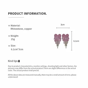 Detailed specifications of pink rhinestone heart tassel earrings with dimensions