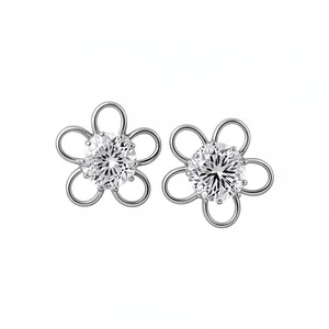 Pair of elegant silver flower stud earrings with central sparkling cubic zirconia stones