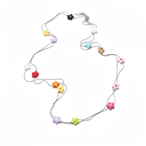 Long double-layered silver necklace featuring vibrant colorful resin flower beads for women