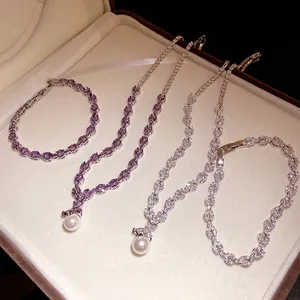Elegant Copper Zirconia Artificial Pearl Pendant Necklace Marquise Cut Silver Plated Zirconia Chain Bracelet Jewelry For Women