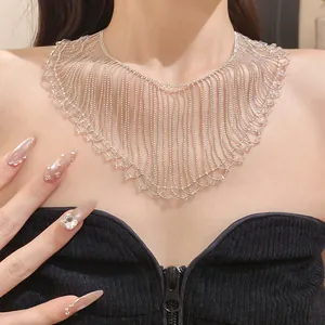 Detailed close-up showing an elegant crystal bead fringe collar necklace on a model's neck.