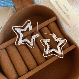 Detailed macro shot of silver star-shaped stud earrings in a luxury brown velvet case.