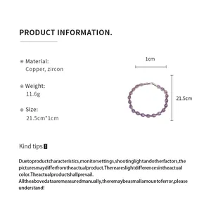 Detailed size guide and specifications for purple zircon fashion bracelet with copper base