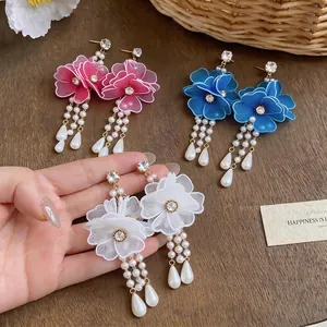 Exaggerated Mesh Flower Artificial Pearl Tassel Drop Earrings With 925 Sterling Silver Earring Post Zirconia Copper Luxury Vacation Jewelry For Women